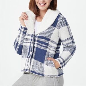 Barefoot Dreams CozyChic Faux-Shear Cardigan Sweater Blue White Plaid Sz 1X EUC
